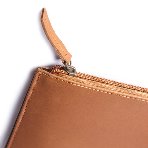 closeup leather laptop pouch