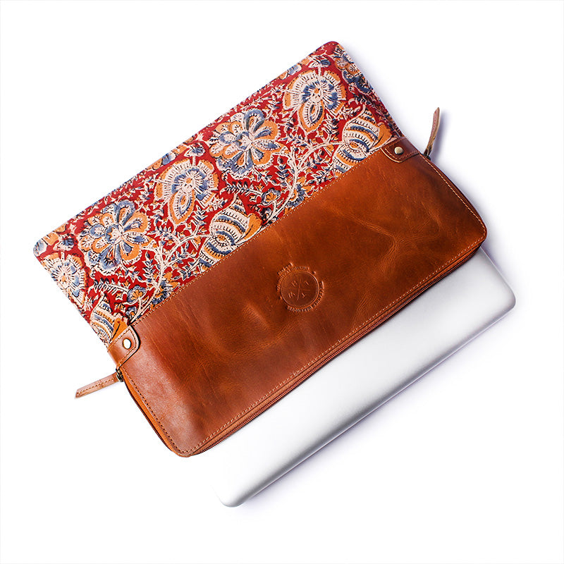 indian print leather laptop sleeve