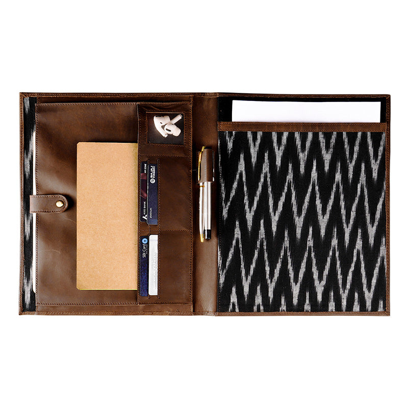 brown leather file organizer open