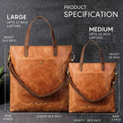 size specifications leather tote bags for women