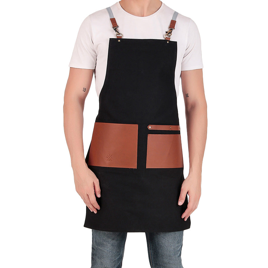 Black leather apron with pocket