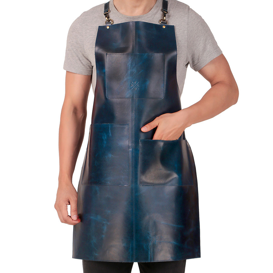 blue leather apron 