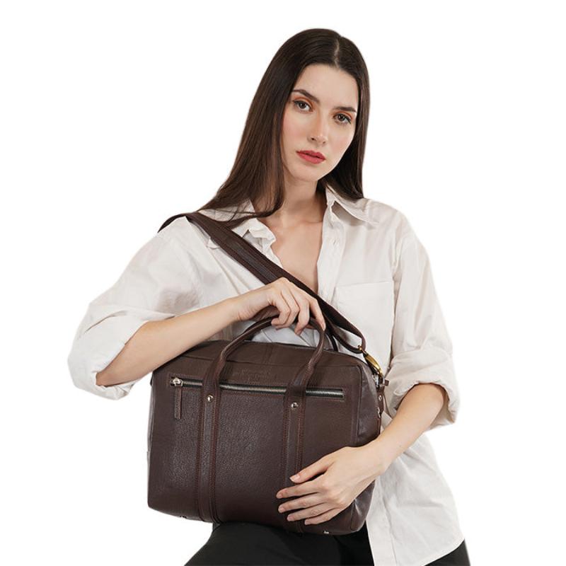 Russian girl with leather laptop bag