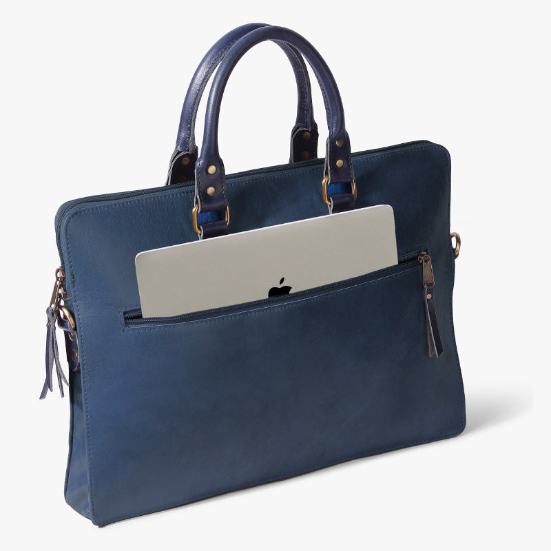 blue leather laptop bag